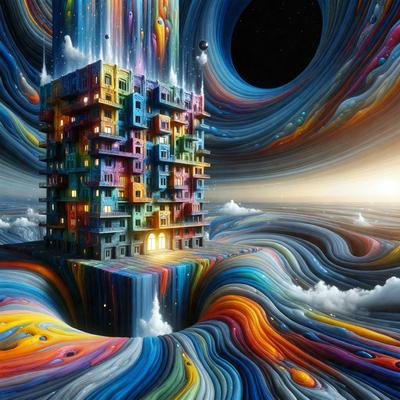 The primary subject of the image is a large, colorful building with many windows. The building is situated in a vibrant, swirling, and surreal environment, which adds to the overall atmosphere of the scene. The visual style of the image is a combination of digital art and illustration, creating a unique and captivating appearance. The colors and mood of the image are predominantly bright and lively, with a sense of whimsy and creativity.